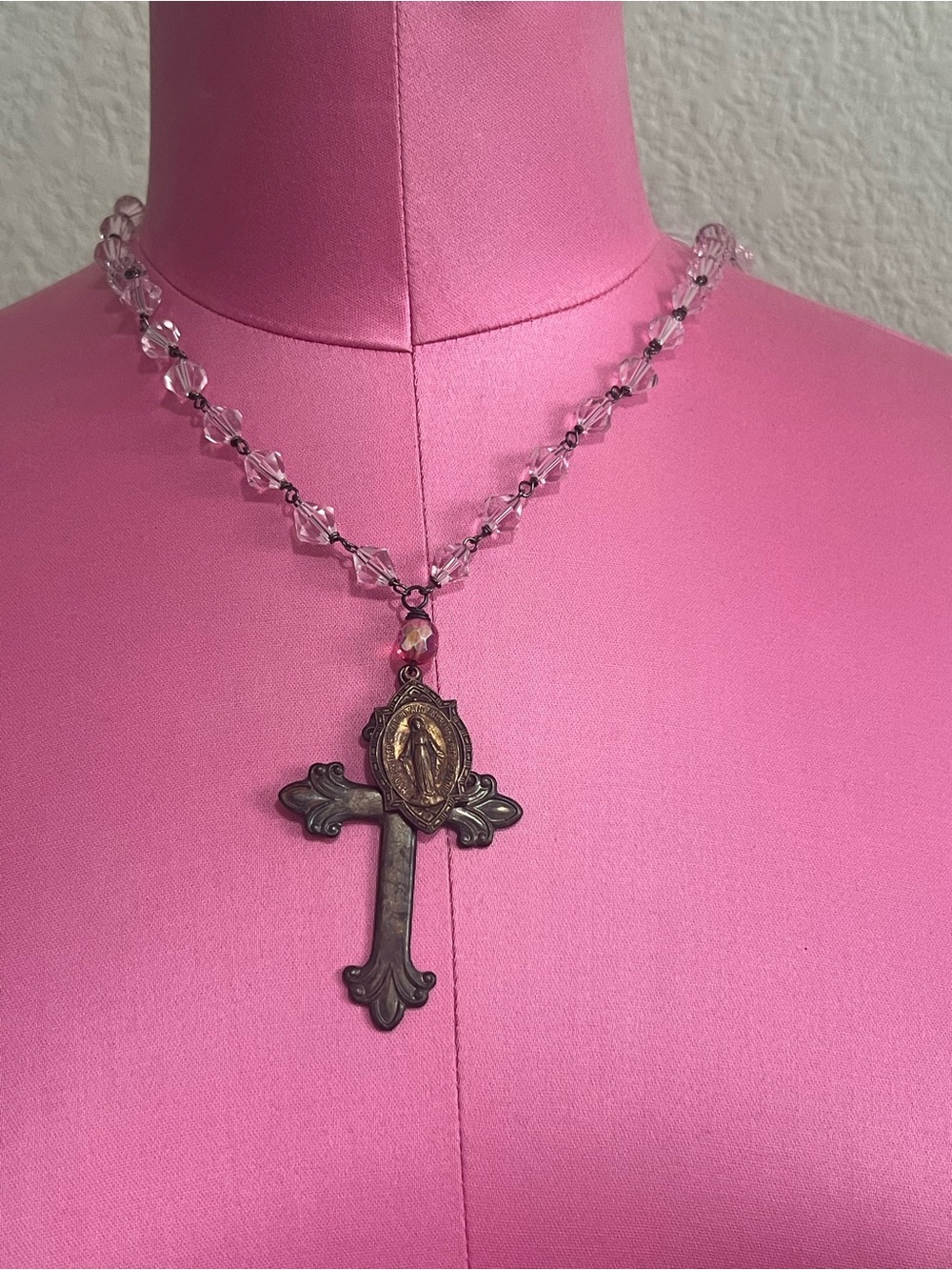 Religious Crystal Rosary Necklace with Antique Cross